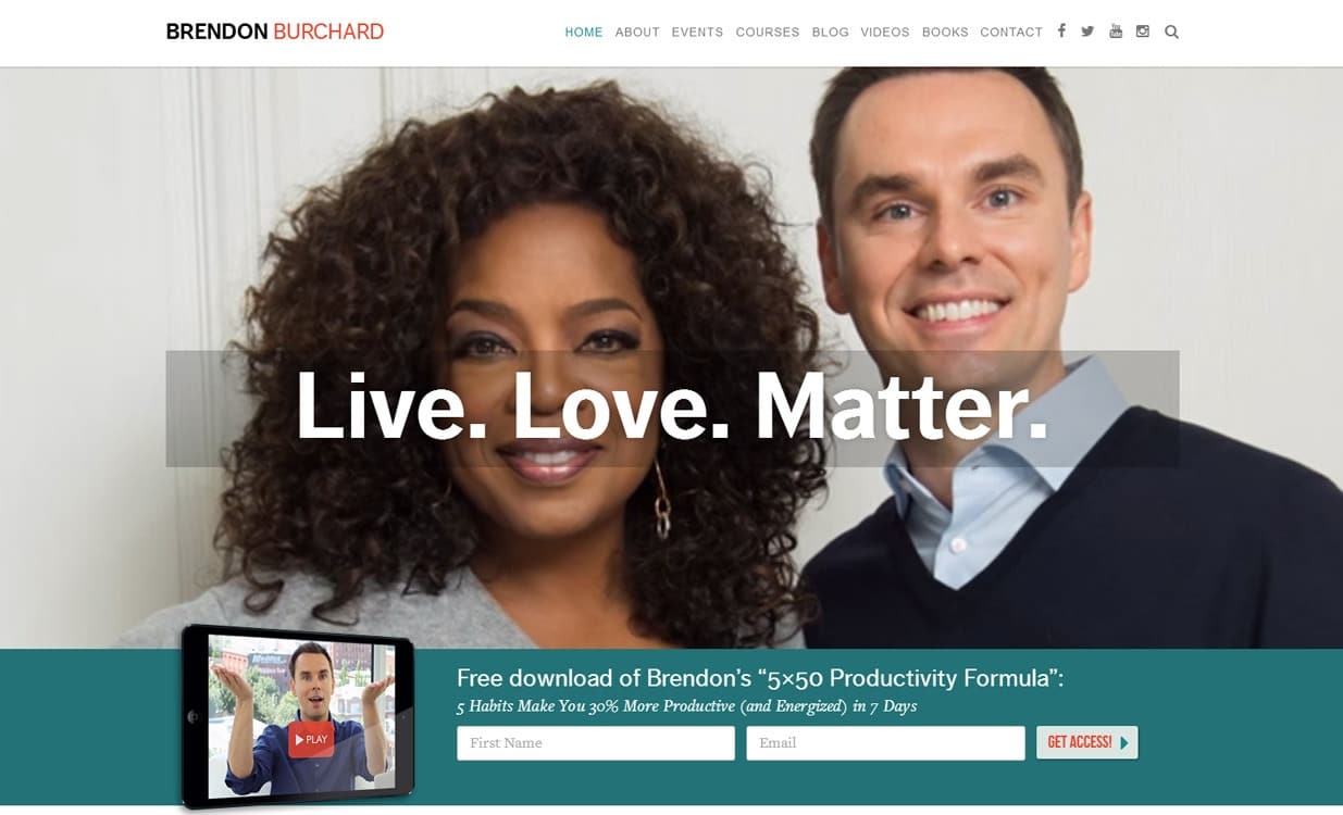 Brendon.com homepage masthead — Live. Love. Matter.