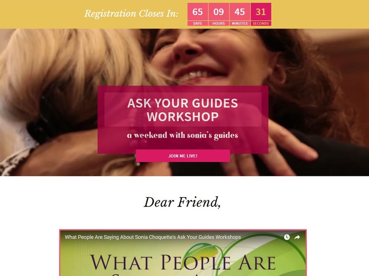 SoniaChoquette.net events pages — workshop landing page and upcoming events listing