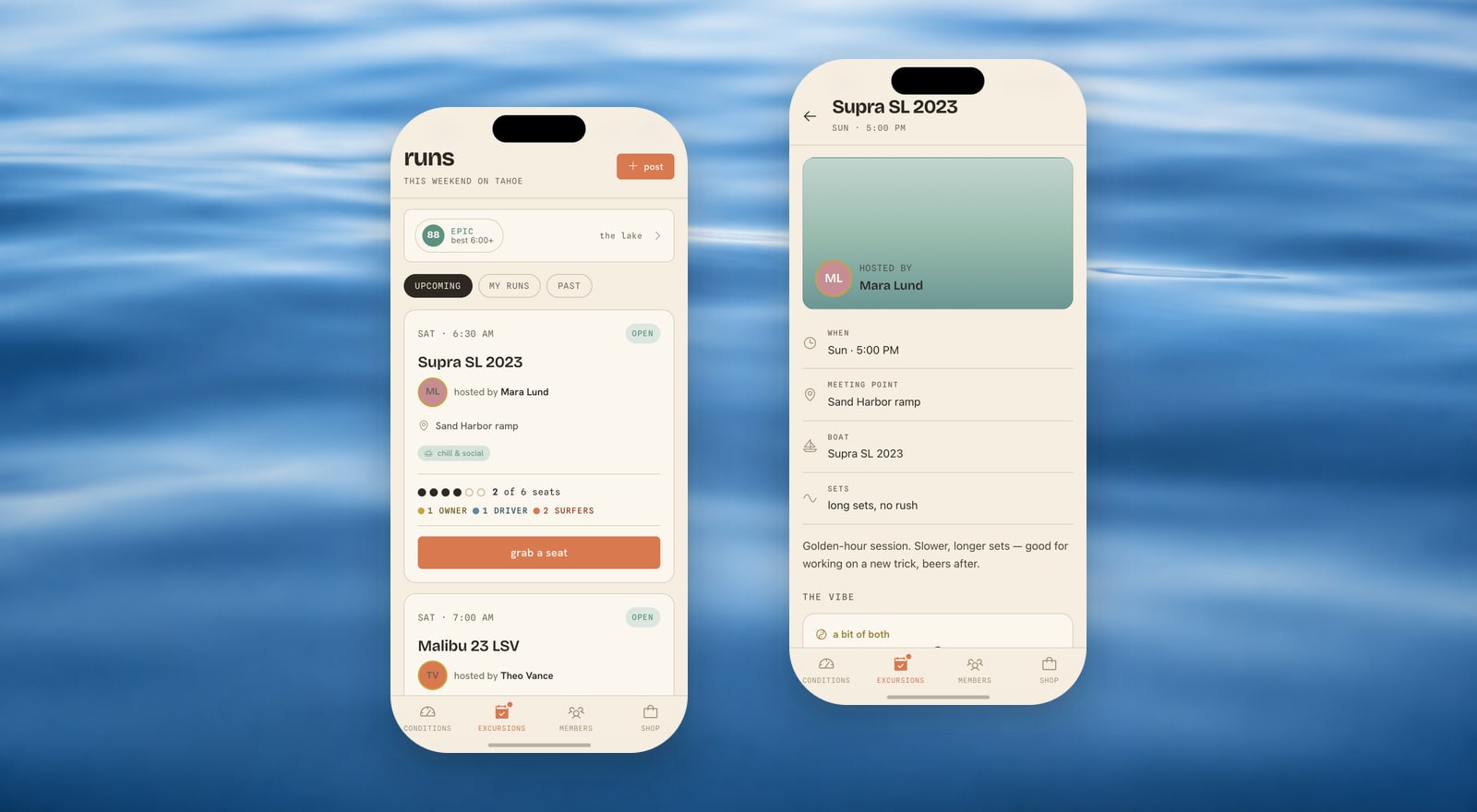 Boat runs in the wksrf app — the runs feed with seats and crew makeup, and a run detail with RSVP
