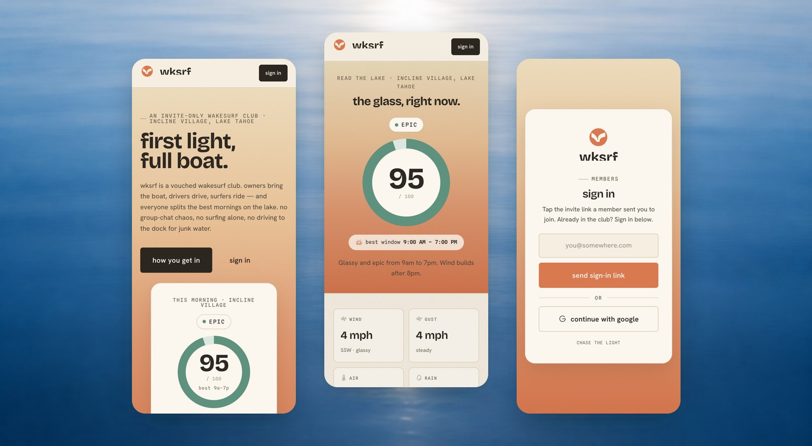 The live wksrf app — landing page, conditions meter, and members' sign-in, over glassy Tahoe water