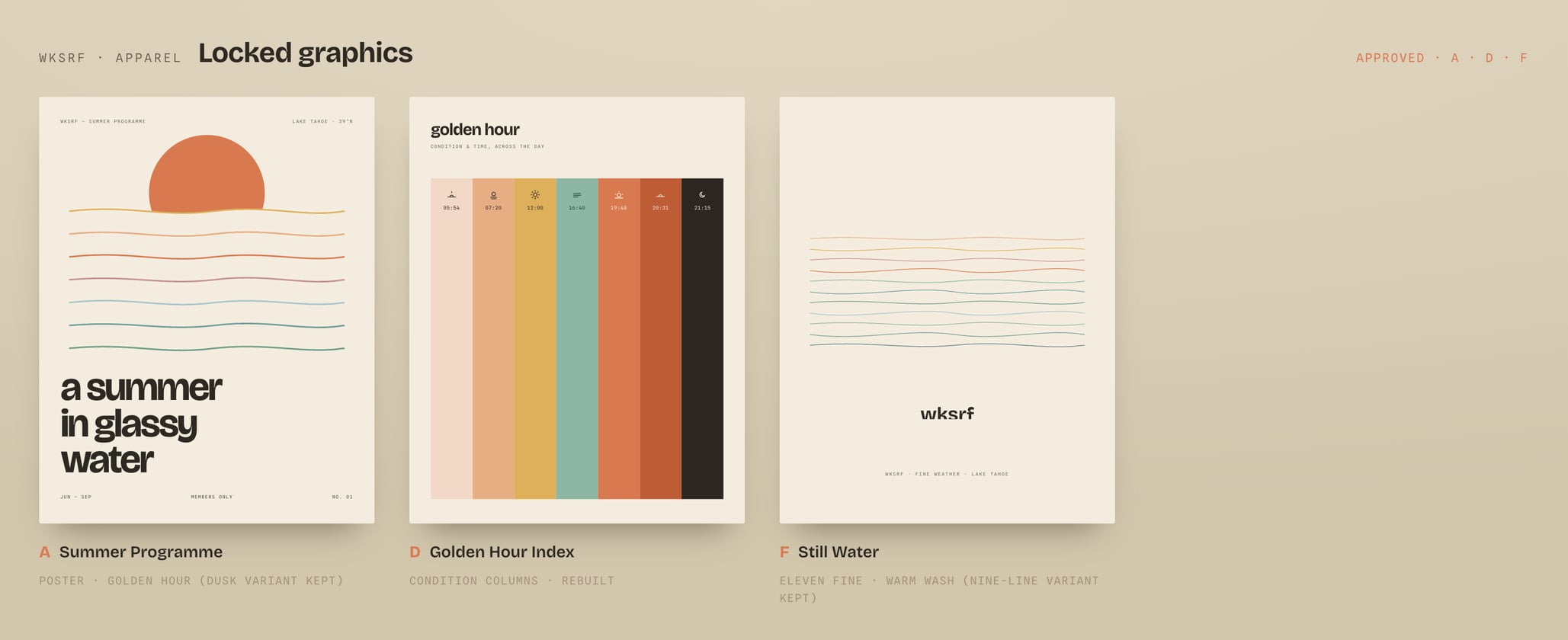 The three approved apparel graphics — Summer Programme poster, Golden Hour Index, and Still Water — marked approved
